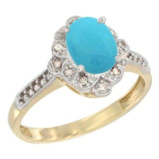 14k Yellow Gold Natural Turquoise Ring Oval 8x6 mm Diamond Halo, sizes 5   10: Jewelry