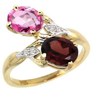 14k Yellow Gold Pink Topaz & Garnet 2 stone Mother's Ring Oval 8x6mm Diamond Accents, 3/4 inch wide, sizes 5   10 Jewelry