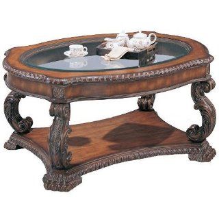 HAND CARVED ANTIQUE FINISH COFFE TABLE WITH GLASS INLAY   Coffee Tables