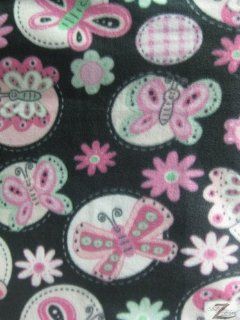 BUTTERFLY PRINT POLAR FLEECE FABRIC  Black/Baby Pink Butterfly   60" WIDTH SOLD BTY ANTI PILL (580)