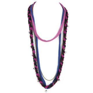 Soft Braided Fabric Layered Necklace   Crystal Cut Shimmery Beads   Brass Chain Link   Black Brown Fuchsia Violet Pink & Blue: Jewelry