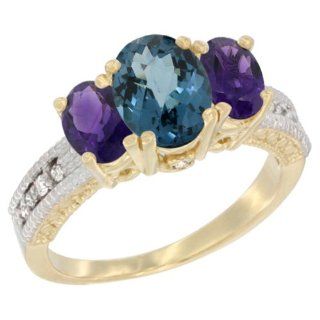10K Yellow Gold Ladies Oval Natural London Blue Topaz Ring 3 stone with Amethyst Sides Diamond Accent: Jewelry