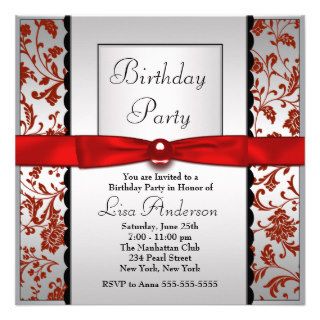Red & Black Bow Tie Damask Birthday Party Personalized Invitations