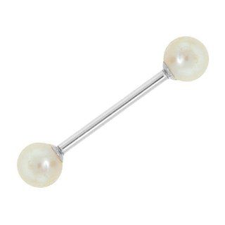 14 Gauge 2"   Freshwater Pearl 14kt White Gold Industrial Barbell   6mm Pearls: Body Piercing Barbells: Jewelry