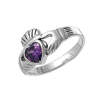 Sterling Silver Purple Amethyst Heart CZ Irish Claddagh Ring (Size 6): Jewelry