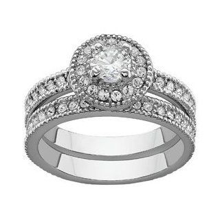 Silvertone Halo 2 Piece Cubic Zirconia CZ And Crystal Wedding Ring Set, Size: 7: Jewelry