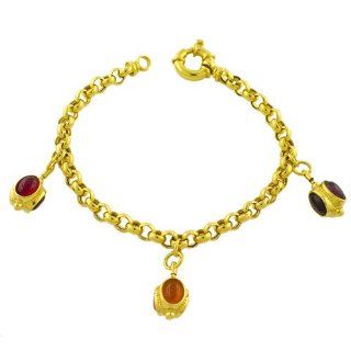 Carnelian, Amber, Tourmaline 14 Karat Yellow Gold Charm Bracelet 7.5 inch: Jewelry