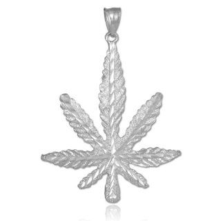 High Polish 14k White Gold Diamond Cut 420 Pot Ganja Weed Cannabis Charm Marijuana Leaf Pendant: Jewelry