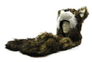Faux Fur Animal Hood with Pocket Hat Scarf Mitten Gold Wolf Sports & Outdoors