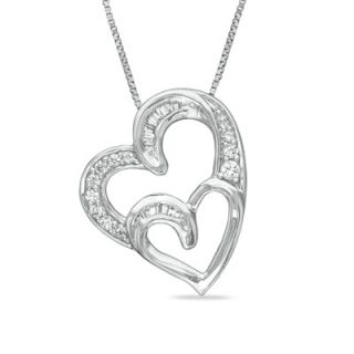 CT. T.W. Diamond Double Tilted Heart Pendant in Sterling Silver