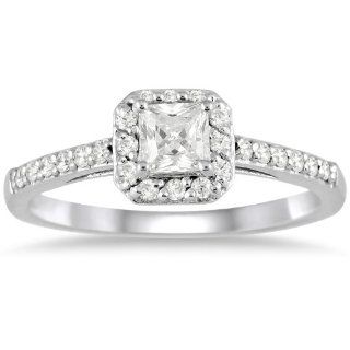 1/2 carat Princess Halo Engagement Ring in 10K White Gold SZUL Jewelry