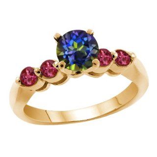 1.16 Ct Blue Mystic Topaz Red Rhodolite Garnet 925 Yellow Gold Plated Silver Ring: Jewelry