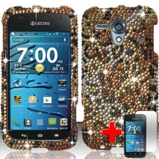 Kyocera Hydro EDGE C5215 (Sprint/Boost Mobile) 2 Piece Snap On Rhinestone/Diamond/Bling Hard Plastic Case Cover, Black Cheetah Spot Pattern Gold/Silver Cover + LCD Clear Screen Saver Protector: Cell Phones & Accessories