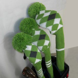 Vintage Long Neck Green/white/black Argyle Style Soft Pom Pom Golf Headcover, Set of 3 for Driver460cc Fairway Wood, Hybrid, Number Tag 1# 3# 5#, Washable  Golf Club Head Covers  Sports & Outdoors