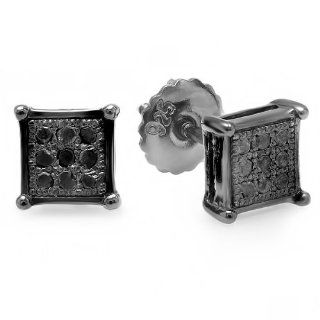 0.10 Carat (ctw) Sterling Silver Real Diamond Black Rhodium Plated Square Shaped Mens Hip Hop Iced Blackout Stud Earrings 1/10 CT: Jewelry