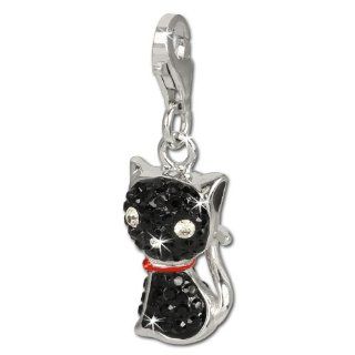 SilberDream Glitter Charm cat with black Czech crystals 925 Sterling Silver Charms Pendant with Lobster Clasp for Charms Bracelet, Necklace or Earring GSC506S SilberDream Jewelry
