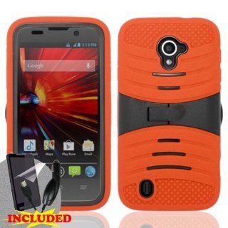 ZTE Majesty Z796c (StraightTalk) 2 Piece Silicon Soft Skin Hard Plastic Kickstand Case Cover, Orange/Black + SCREEN PROTECTOR & CAR CHARGER: Cell Phones & Accessories