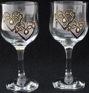 Celtic Glass Designs Set of 2 Hand Painted Wine Glasses in a Blue Celtic Double Love Knot Design.: Kitchen & Dining