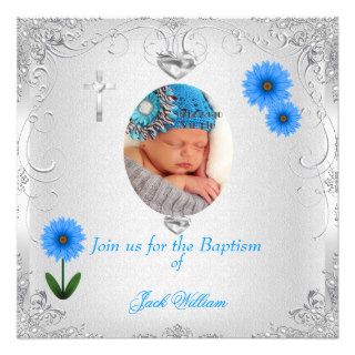 Baby Boy Blue White Christening Baptism Cross Custom Announcement