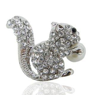 Squirrel Brooch Simulated Pearl Clear Austrian Crystals Silver Tone A03025 2: Jewelry