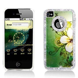 Sparkling Green Hawaiin Flower with Rhinestone Design Snap on Hard Skin Shell Protector Faceplate Cover Case for Verizon At&t Sprint Apple Iphone 4 4s + Lcd Screen Guard + High Sensive Stylus Pen: Cell Phones & Accessories