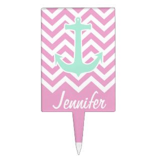 Girly Pink Chevron Teal Anchor Fashion Monogram Cake Toppers