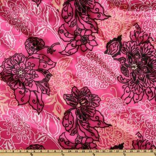 58'' Wide Charmeuse Satin Floral Black/White/Fuchsia Fabric By The Yard