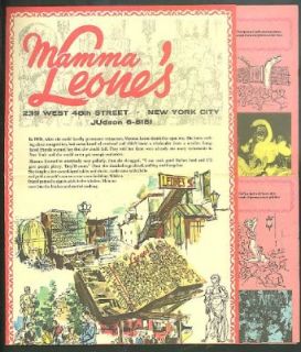 Mama Leone's Restaurant New York City souvenir mailable menu 1982 Entertainment Collectibles