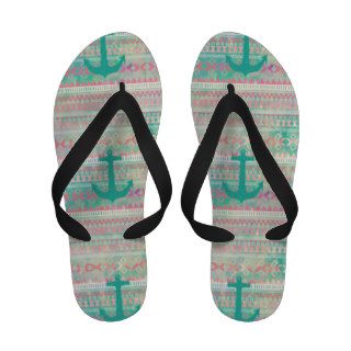 Emerald Nautical Anchor Pastel Watercolor Aztec Flip Flops