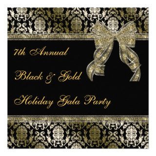 Black and Gold Bowed Damask Holiday Party Invite