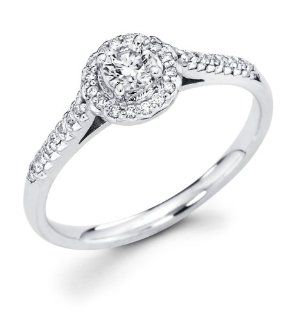 14k White Gold Cirque Halo Solitaire Round Diamond Engagement Ring w/ Micro Pave Set Diamond Side Stones (1/3 cttw, 1/5 ct Center, G H Color, I1 Clarity): Jewelry
