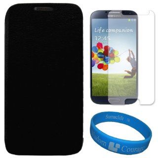 VG Premium Faux Leather Flip Carrying Case w/ Sleeve Mode Function (Black) for Samsung Galaxy S4 / S IV Android Smart Phones + Clear Anti Glare Screen Protector Strip w/ Cleaning Cloth + SumacLife TM Wisdom Courage Wristband: Cell Phones & Accessories