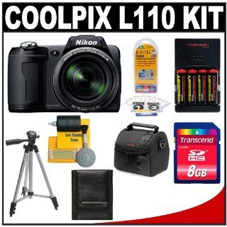 Nikon Coolpix L110 12.1 Megapixel Digital Camera with 15x Optical Zoom (Matte Black) + 8GB Card + (4) Batteries + Tripod + Case + Accessory Kit : Point And Shoot Digital Camera Bundles : Camera & Photo