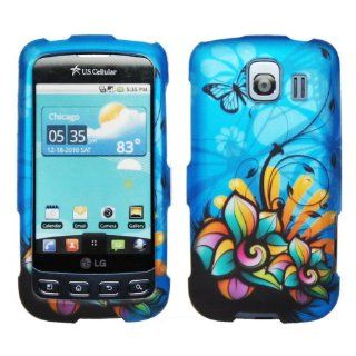 Blue Hawaiian White Flower Butterfly Vine Rubberized Snap on Hard Shell Cover Protector Faceplate Cell Phone Case for Sprint LG Optimus S LS670Virgin Mobile Optimus V, USCellular Optimus U + LCD Screen Guard Film: Cell Phones & Accessories