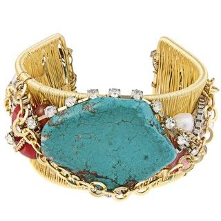 Goldtone Magnesite, Coral and Crystal Wire Cuff Bracelet Gemstone Bracelets