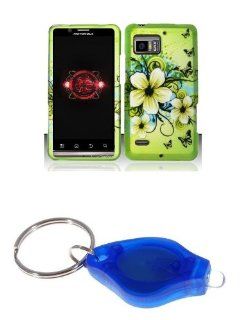 Premium Green Hawaiian Flower and Black Butterfly Design Rubberized Shield Hard Case Cover + Atom LED Keychain Light for Motorola DROID BIONIC XT875 (Verizon): Cell Phones & Accessories