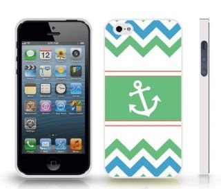 Chevron Pattern Ocean Blue/ Light Green/ Orange Stripes, With White Anchor Snap on Cover Hard Carrying Case for iPhone 4/4S (WHITE): Cell Phones & Accessories