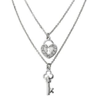 Silver Plated Double Necklace Key/Heart with White Cubic Zirconia Pendant