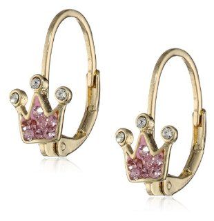 Molly Glitz Girls' 14k Gold Plated Pink Crystal Crown Leverback Earrings: Stud Earrings: Jewelry