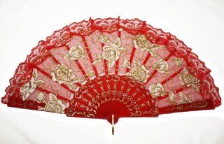 Red Embroidered Silk Folding Fan Hand Fan with Rose : Decorative Hanging Ornaments : Everything Else