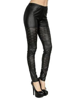 New Fashion Womens Girls Faux Leather Black Tight floral cut out Leggings Pants: Sports & Outdoors