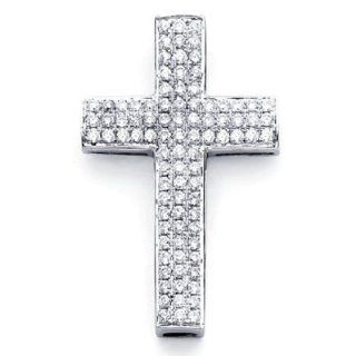 14k White Gold Large Pave Diamond Cross Pendant .84ct (G H Color, I1 Clarity): Jewelry