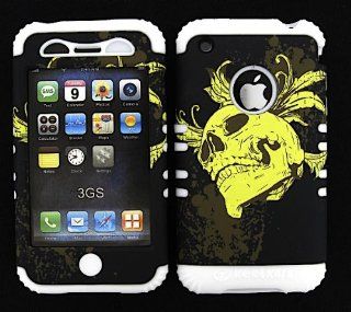 For Apple iPhone 3G S Hard White Skin+Yellow Skull Snap Case Cover Hybrid Rubber Cell Phones & Accessories