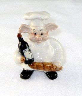 PIG CHEF holds Bottle w WINE & LOAF of FRENCH BREAD Miniature Piglet Porcelain KLIMA L756B   Collectible Figurines