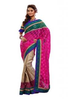 Fabdeal Women Indian Designer Embroidery Saree Magenta & Tan: Clothing