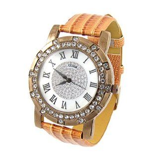 Rhinestone Copper Color Case Rome Number Dial Brown Snake Print Faux Leather Band Wristwatch: Watches