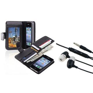 eForCity Black Leather Case with Wallet + In ear (w/on off) Stereo Headsets Compatible with Apple iPhone 4 / 4S: Cell Phones & Accessories