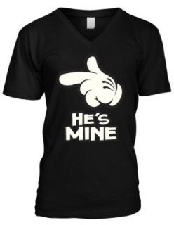 Cartoon Hand, He's Mine Men's V neck T shirt, Funny New Mickey Hand Pointing I'm His Design Men's V Neck Tee: Clothing