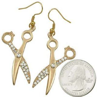 Trendy Sparkling Clear Crystal 1.25" Scissors Barber Shears Charms Dangle Earrings Gold Tone: Jewelry