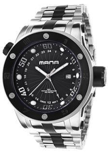 Mana 1101 GMT SS 11  Watches,Mens Silver Tone Steel Case Dual Time Black Textured Dial Two Tone Steel Bracelet, Casual Mana Quartz Watches